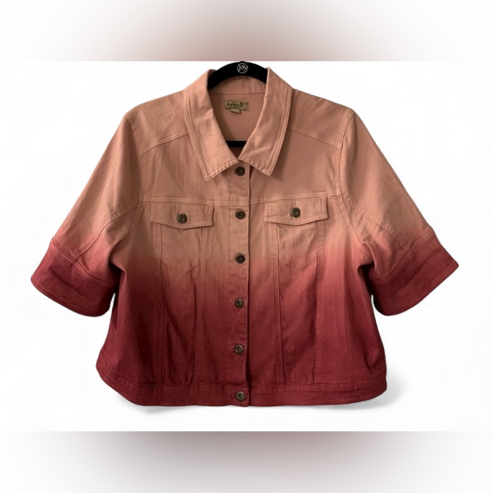 #134 - ONE WORLD Blush to Pink Dip Dye Cotton Denim Jean Jacket Short Sleeve, 1X